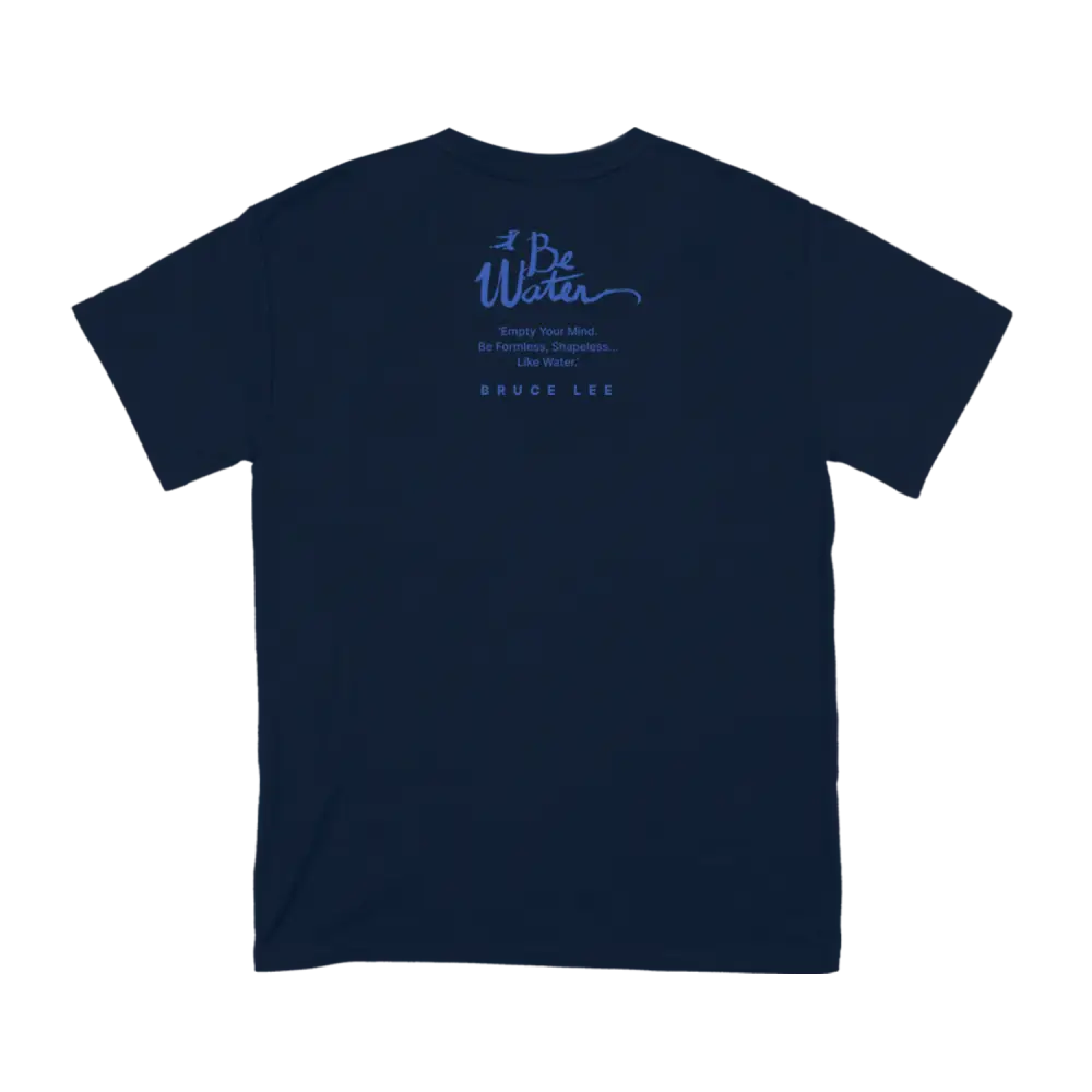 Navy Blue Be Water Gradient Script T-Shirt with text printed on the back