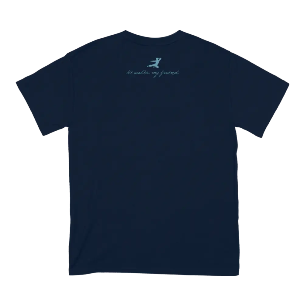 Navy Blue Be Water Painted Flying Man T-Shirt featuring small logo on upper back