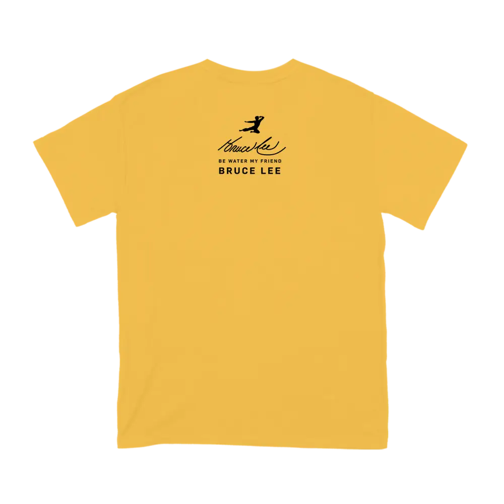 Yellow Black Brushstroke T-Shirt featuring Bruce Lee logo and silhouette design