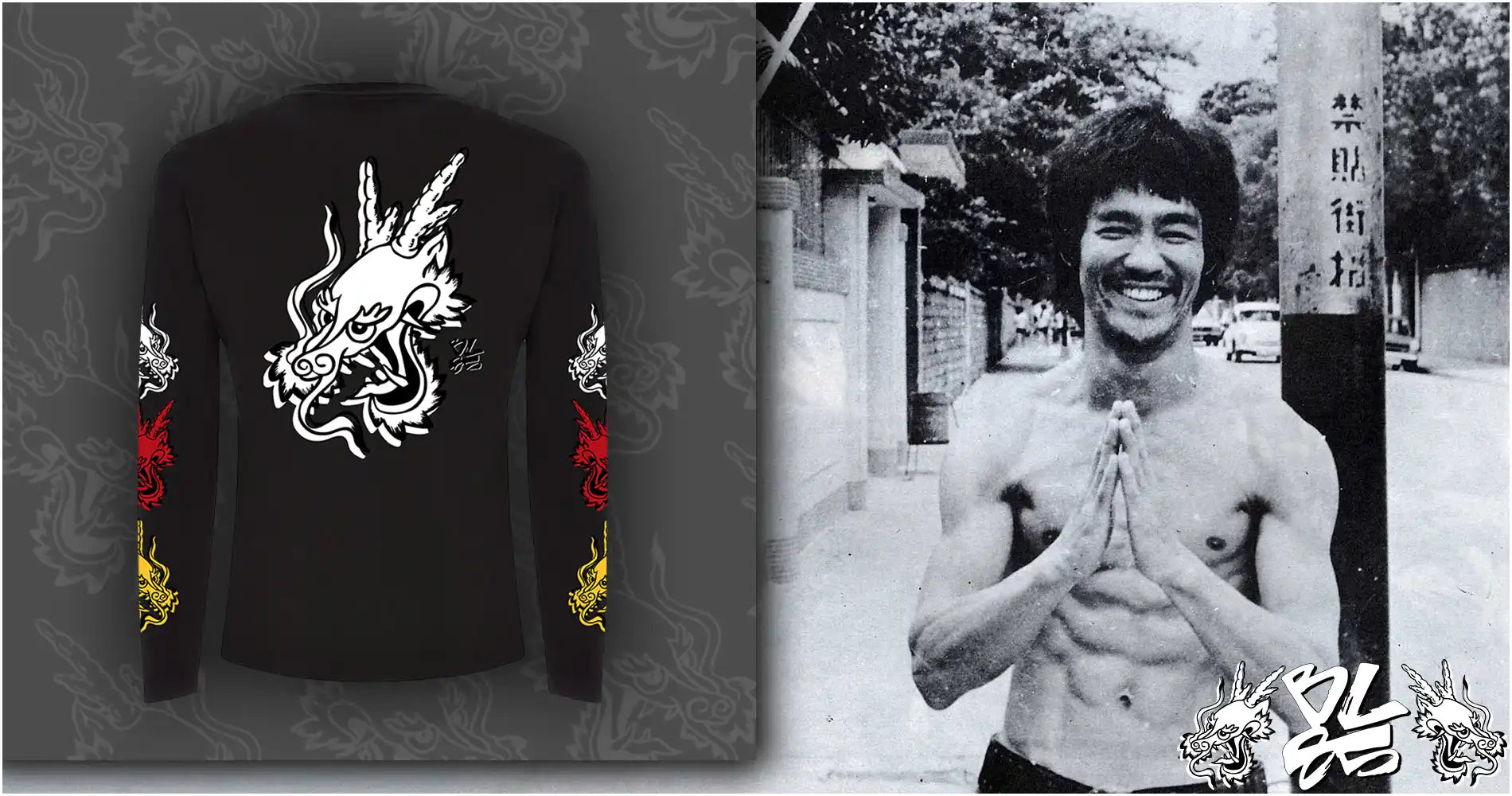 Black long-sleeved shirt with a white dragon graphic on the back and colored dragon patterns on the sleeves, alongside a smiling Bruce Lee.