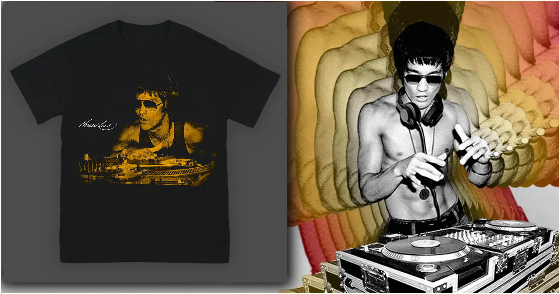 Black t-shirt featuring a DJ design in yellow/orange tones alongside an artistic illustration of a DJ performing with turntables.