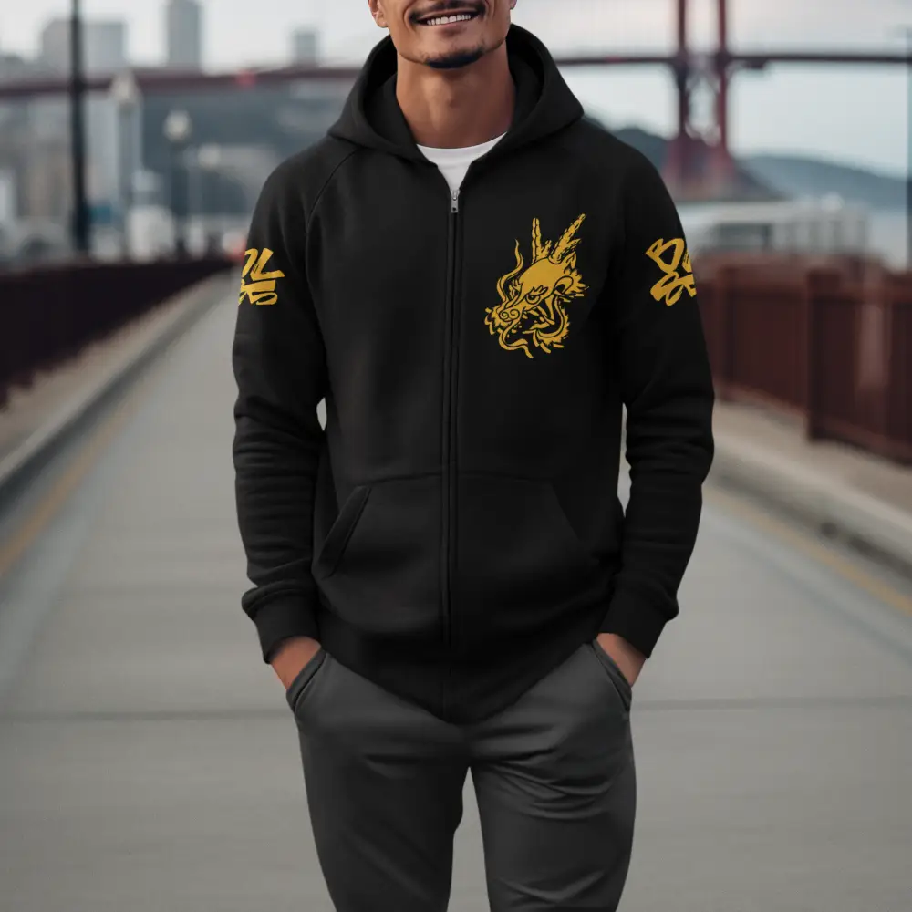 Black zip-up hoodie featuring gold dragon design for Bruce Lee 85th Anniversary
