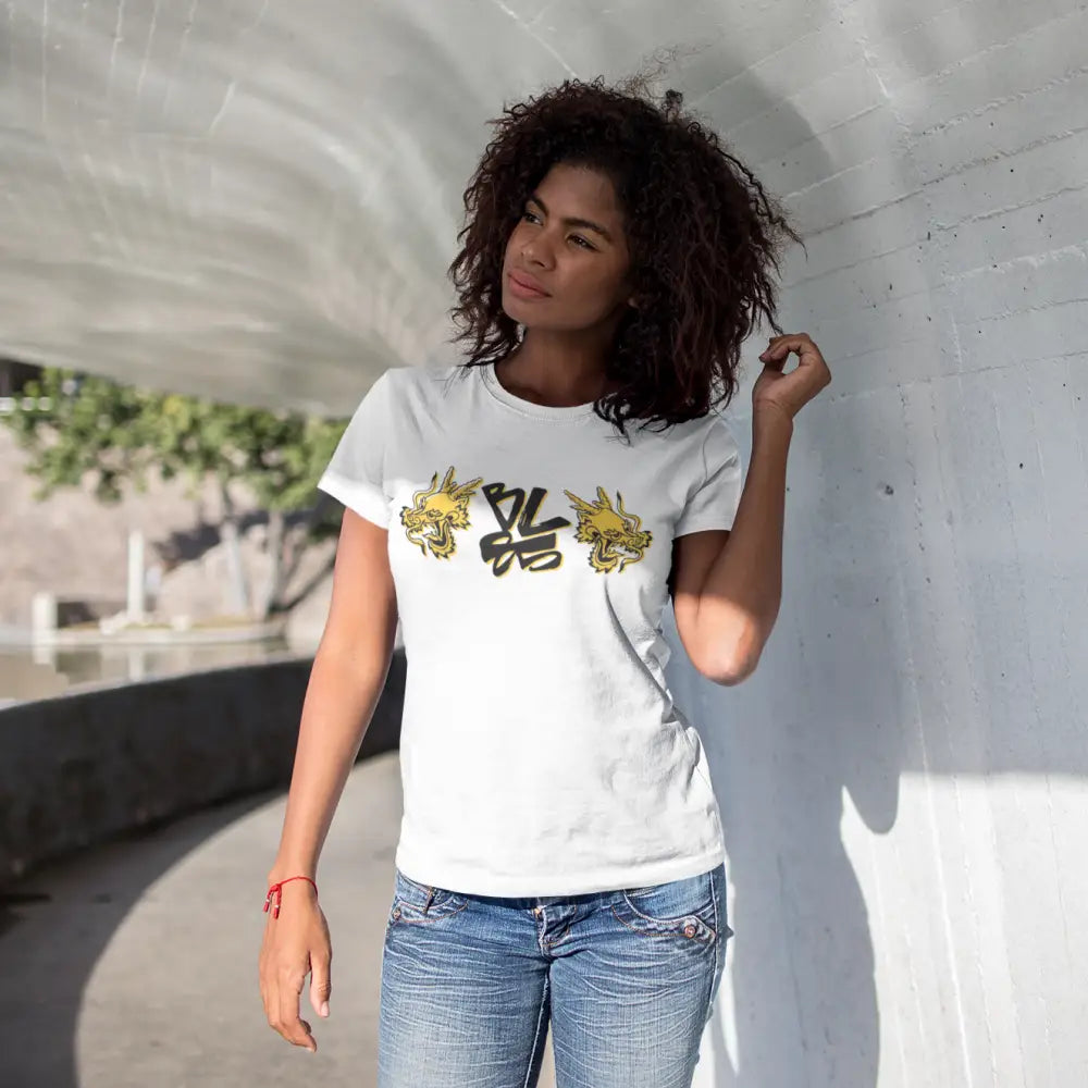 White Bruce Lee 85th Anniversary Logo T-Shirt featuring a dragon graphic design