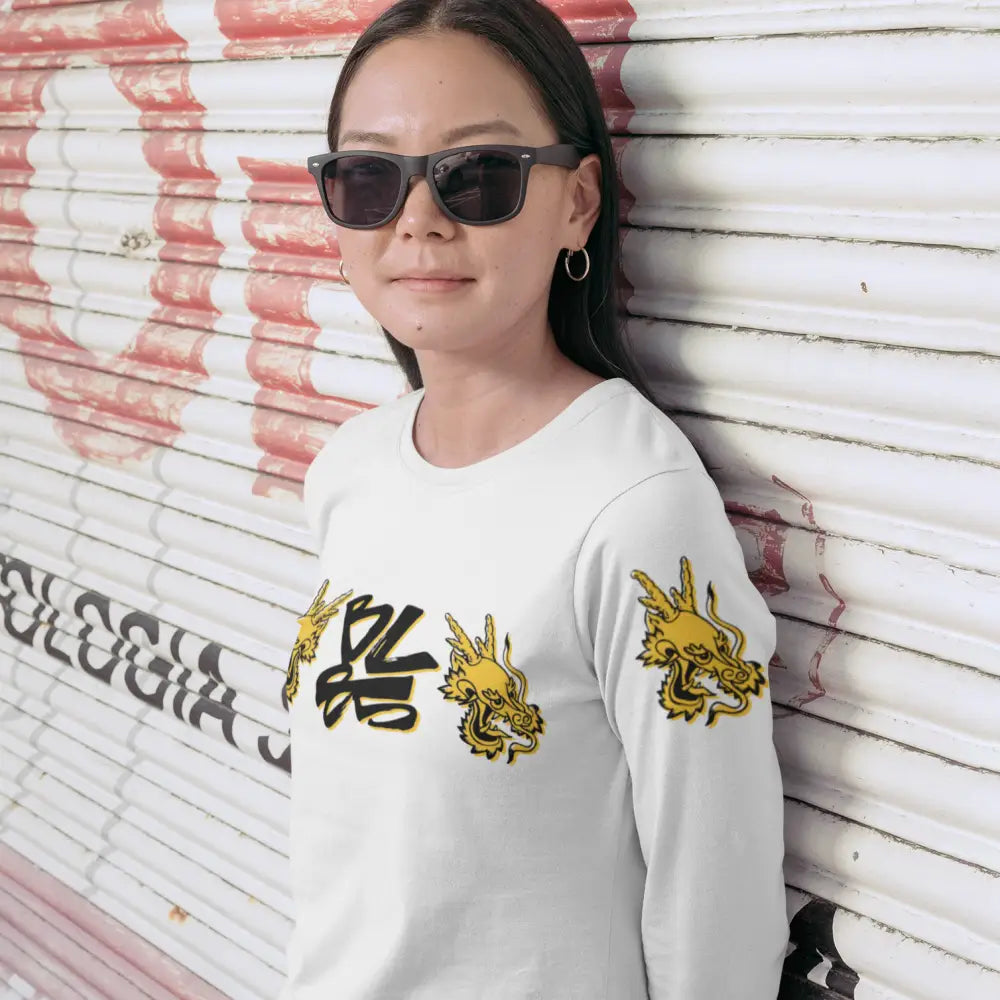 White long-sleeved shirt with dragon designs for Bruce Lee 85th Anniversary