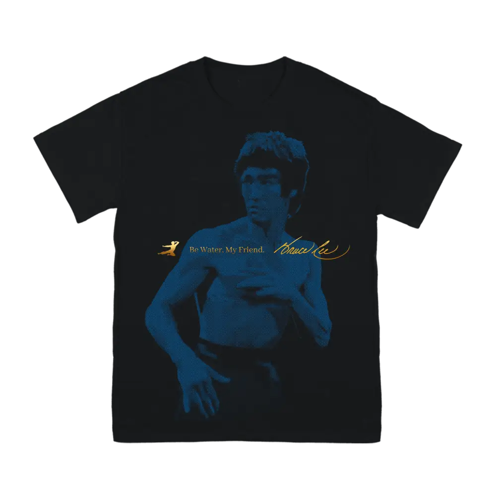 Black Bruce Lee Iconic Signature T-Shirt featuring blue-tinted Bruce Lee image