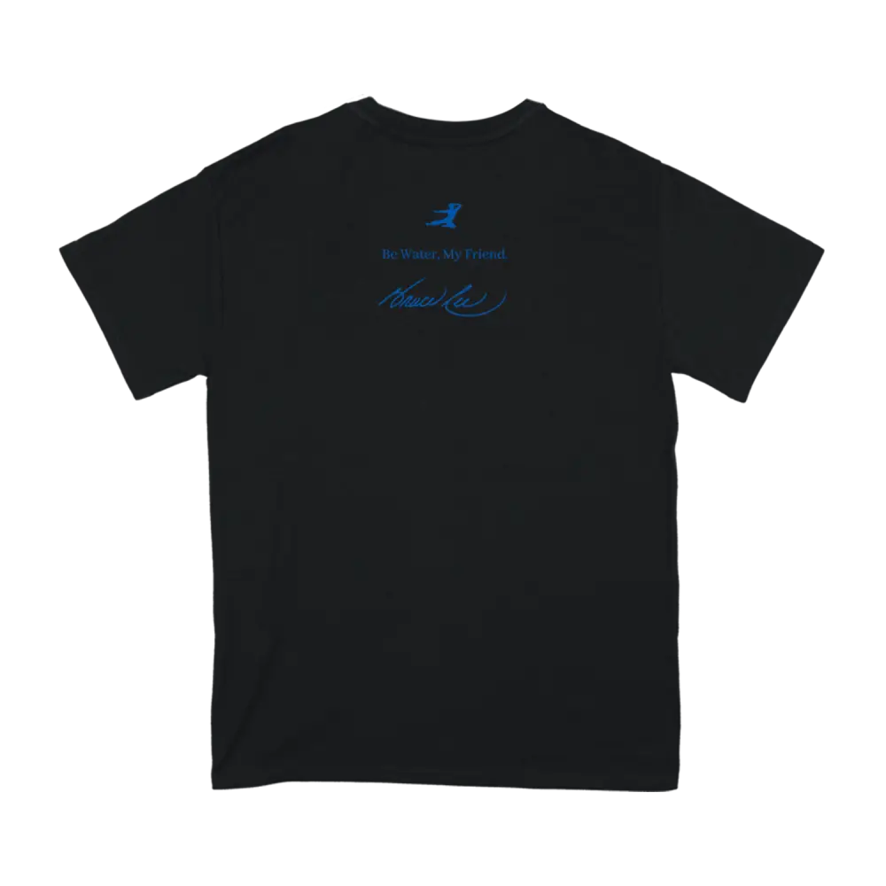 Black Bruce Lee iconic signature t-shirt featuring blue text and logo on back