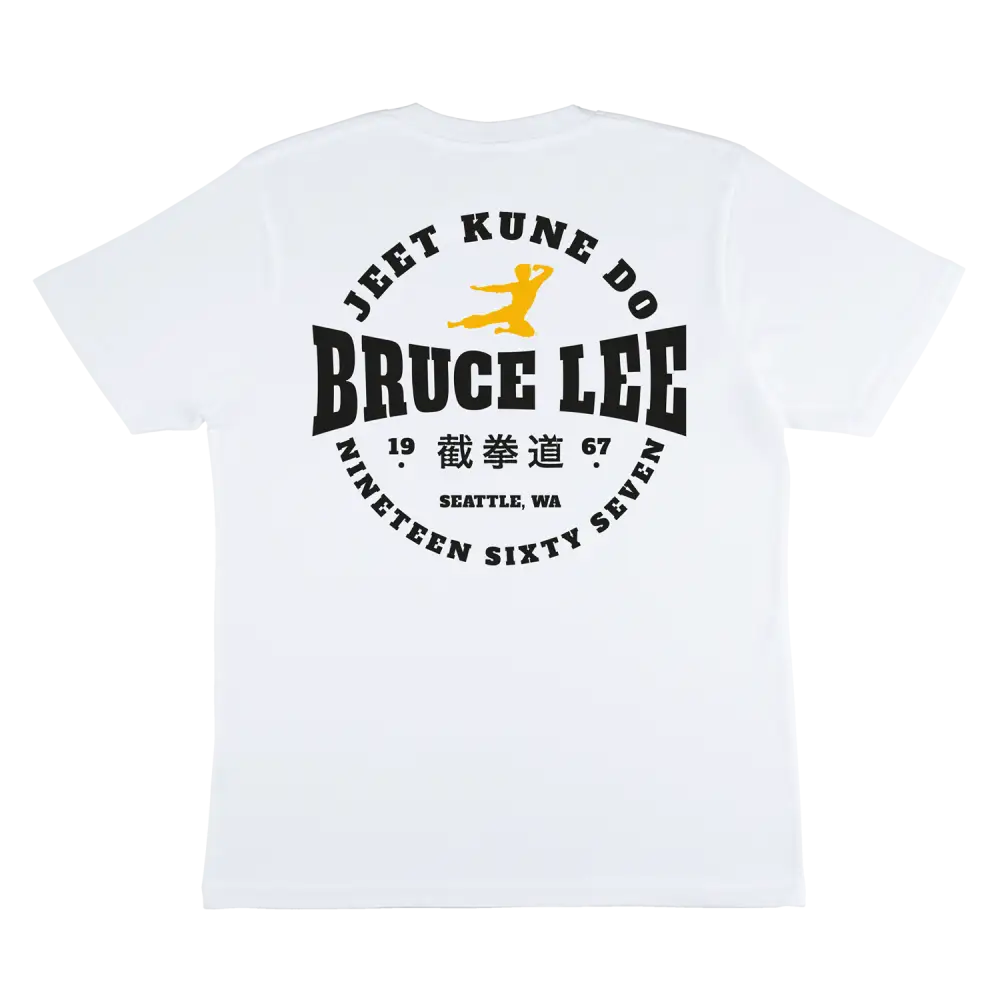 White Bruce Lee JKD Round Lockup Back Logo T-Shirt featuring martial arts-themed design