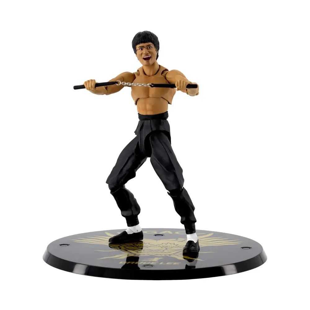 Bruce Lee Legacy 50th Action Figure in fighting stance with nunchucks