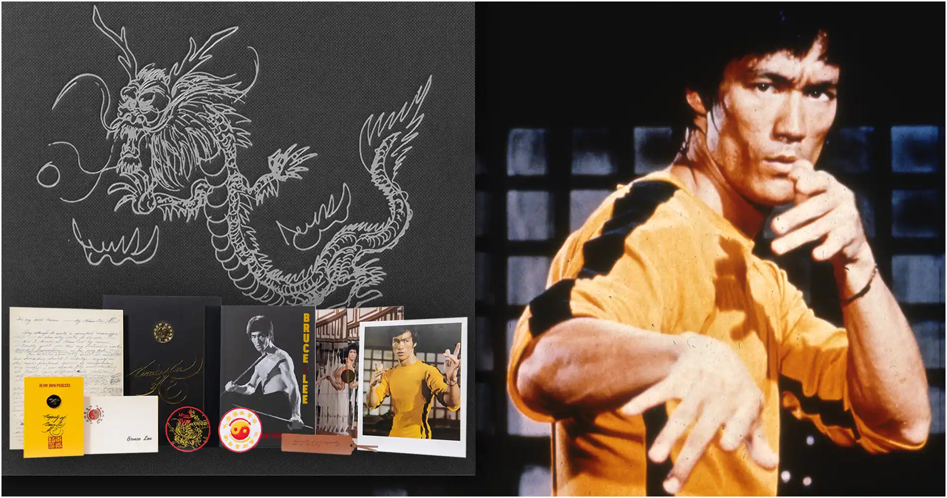 Bruce Lee memorabilia, including a dragon illustration, books, and photographs.
