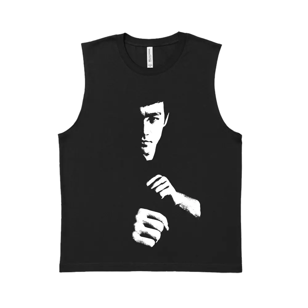 Black sleeveless t-shirt featuring a high-contrast Bruce Lee martial arts design