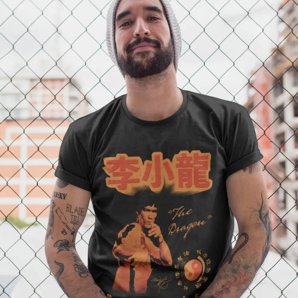 Man in black Bruce Lee Dragon T-Shirt made from organic cotton with unique imagery