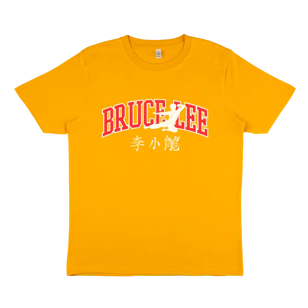 Bright yellow Bruce Lee Varsity Flying Man T-Shirt featuring Chinese characters