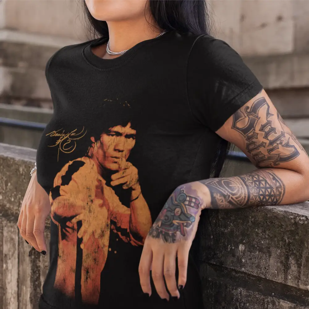 Black Bruce Lee Vintage Distressed T-Shirt featuring a print of Bruce Lee in action