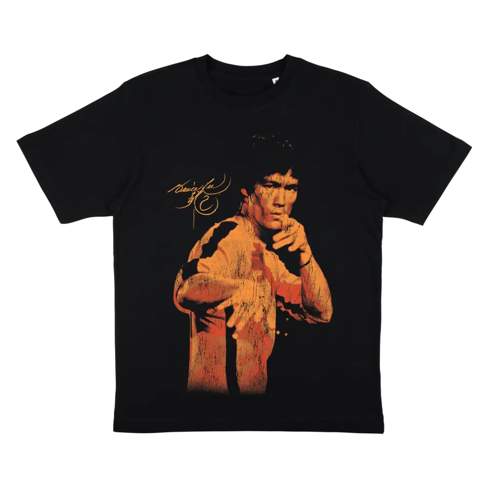 Black Bruce Lee Vintage Distressed T-Shirt featuring martial arts icon in orange and yellow