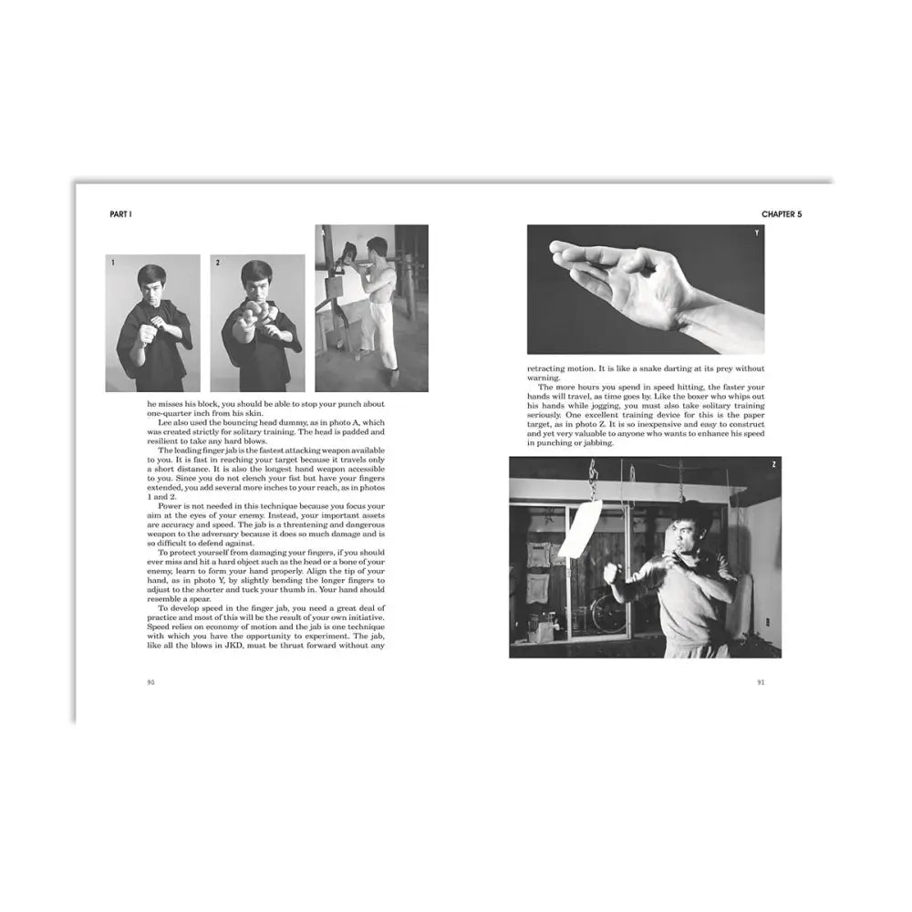 Book pages from Bruce Lee’s Fighting Method showcasing martial arts techniques