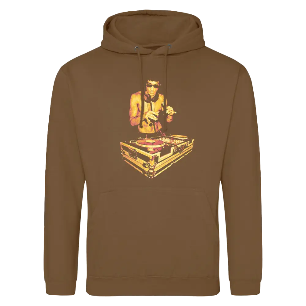 Brown hoodie featuring a golden DJ design inspired by Bruce Lee
