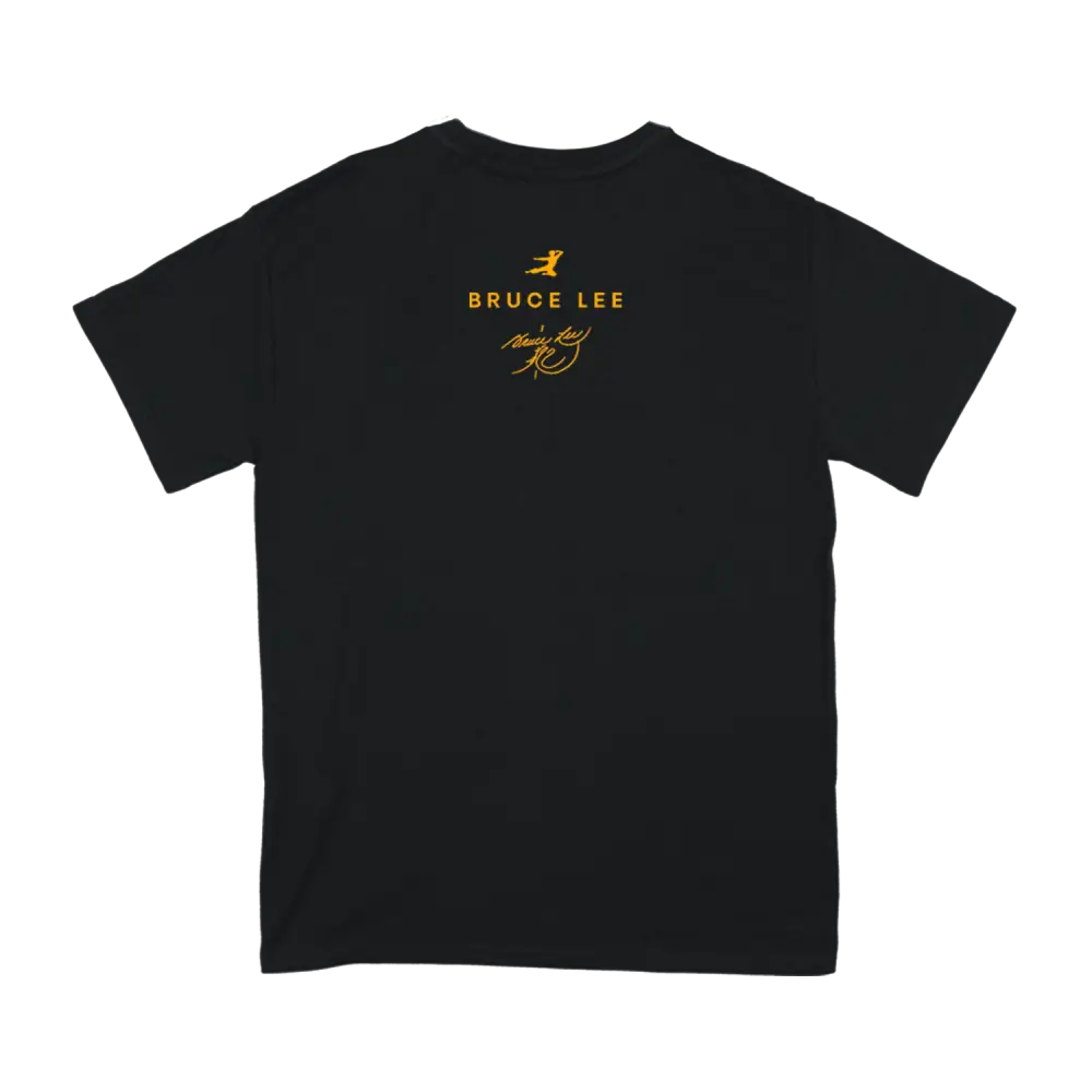 Black Bruce Gold T-Shirt featuring Bruce Lee and a small yellow logo on the back