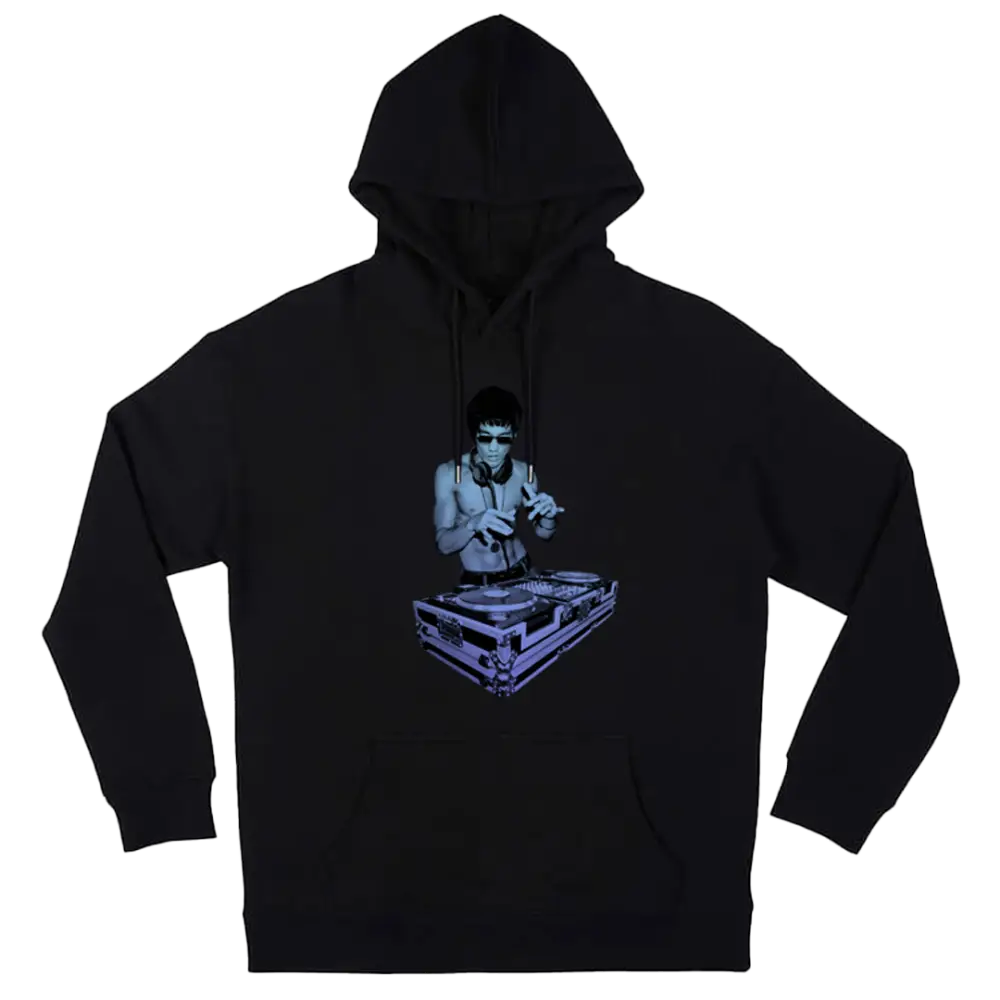 Black hoodie sweatshirt featuring a blue-tinted DJ graphic inspired by Bruce Lee