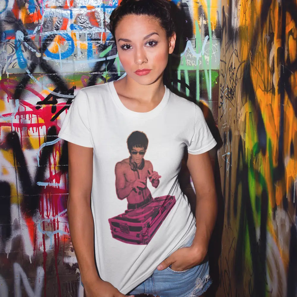 White DJ Bruce Multicolour T-Shirt featuring pink and black turntablist design