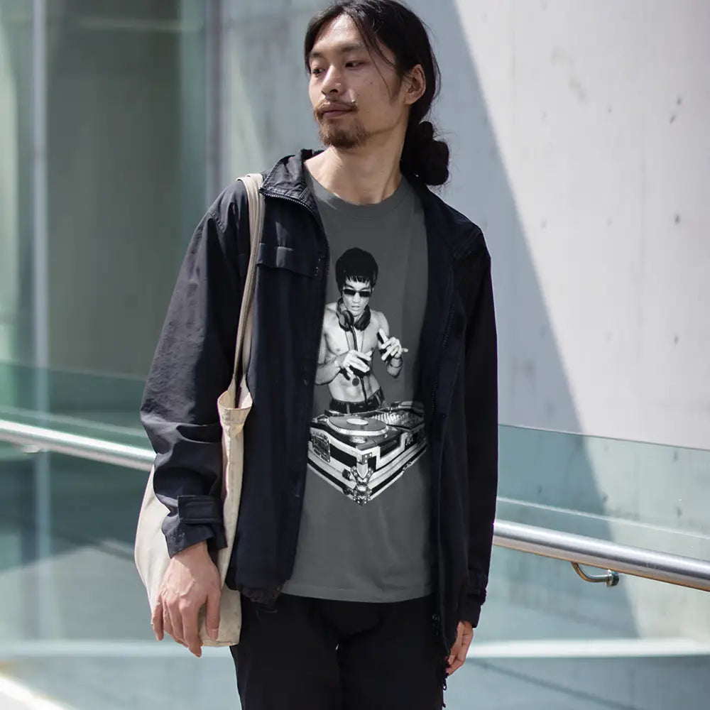Man wearing Bruce Lee DJ T-Shirt in charcoal color, showcasing stylish pop culture fashion