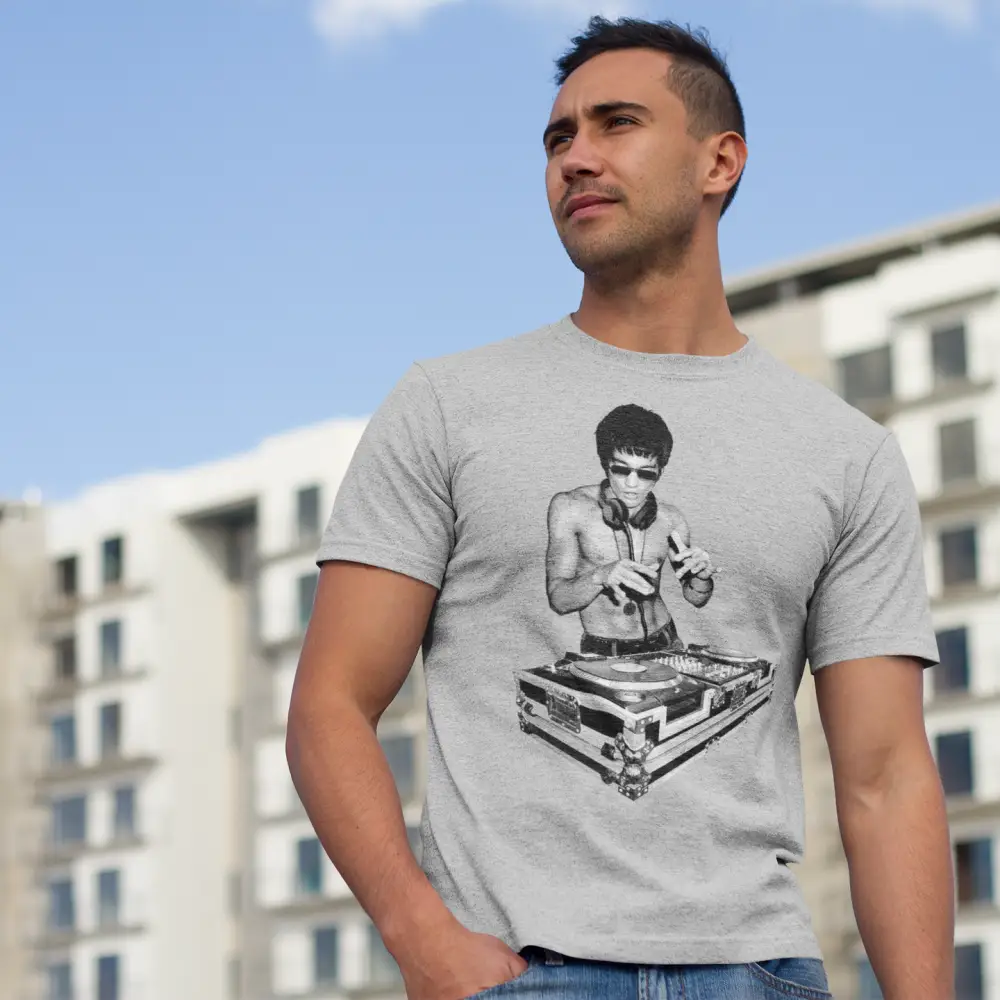 Grey DJ Bruce T-Shirt with boxing-themed graphic and DJ turntable design inspired by Bruce Lee