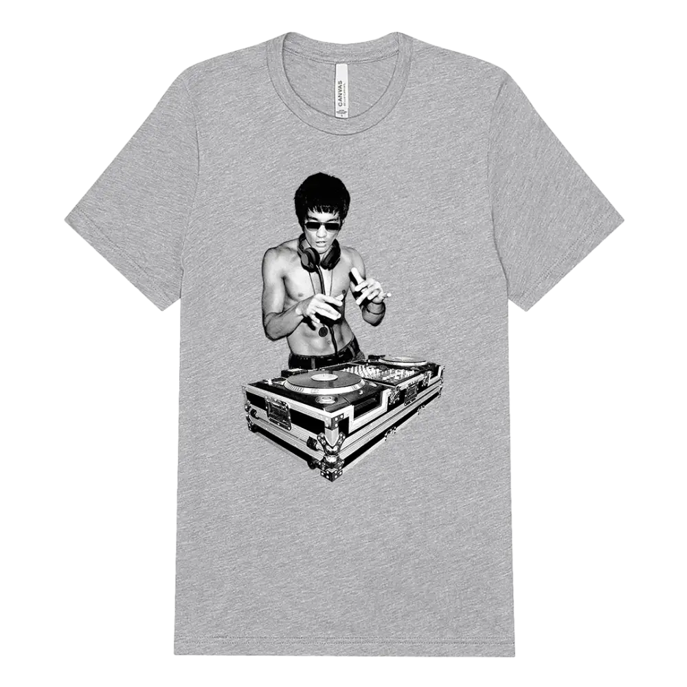 Grey DJ Bruce T-Shirt featuring a Bruce Lee-inspired martial artist graphic design
