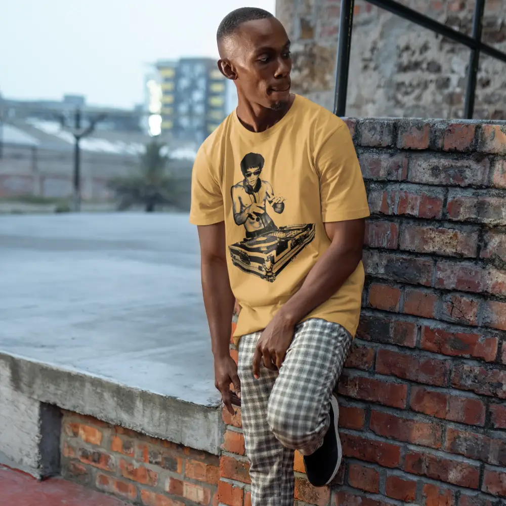 Yellow DJ Bruce T-Shirt featuring a turntable graphic design inspired by Bruce Lee