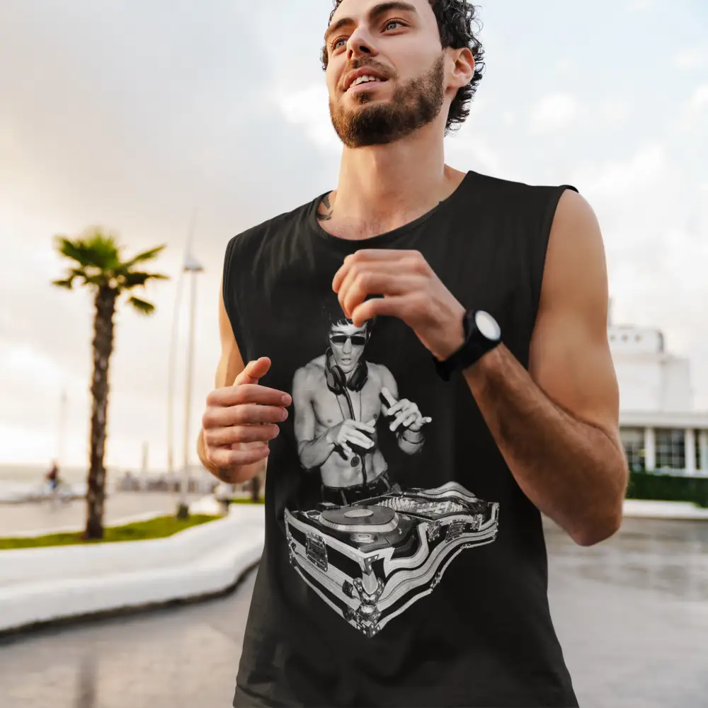 Black DJ Bruce Tank features a skull turntable design inspired by Bruce Lee
