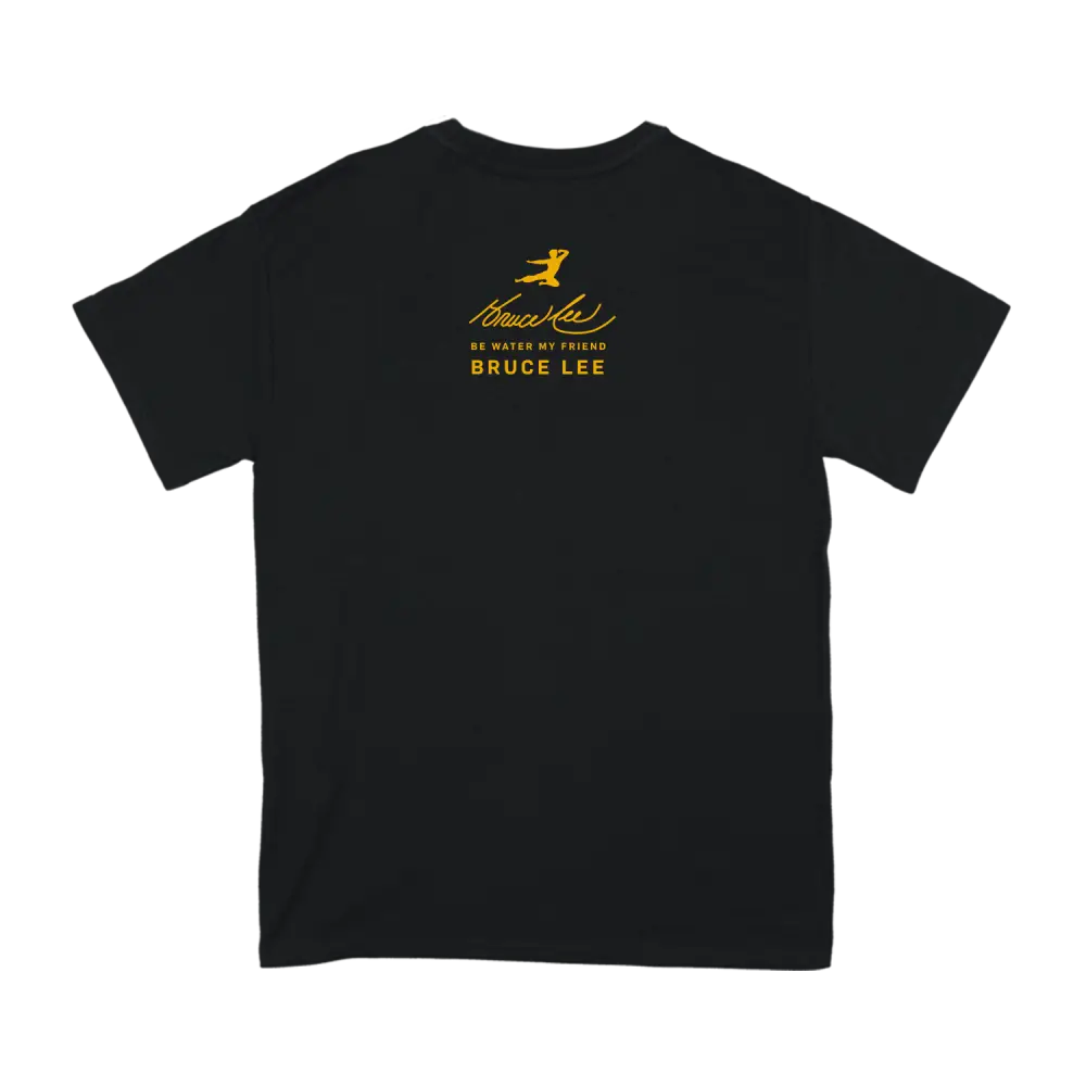 Black Goldenrod Brushtroke T-Shirt featuring a yellow Bruce Lee logo on the back