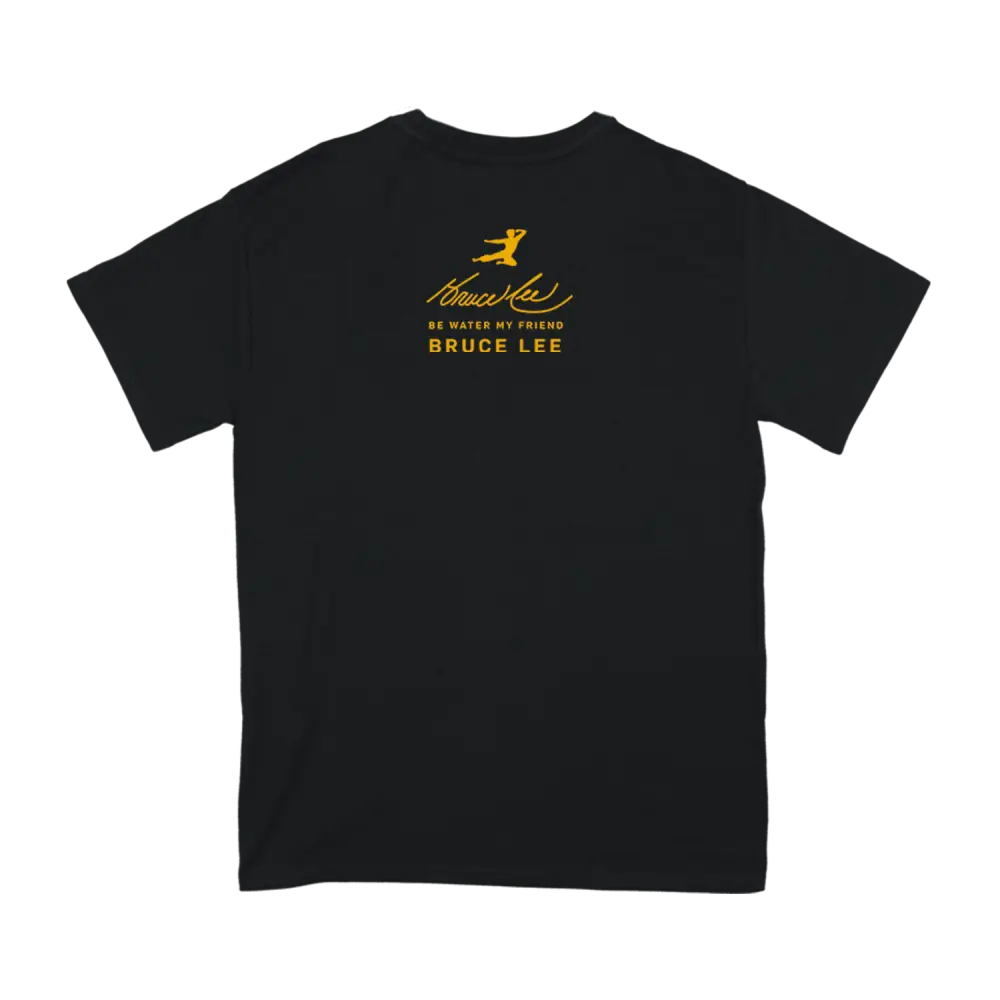 Black Immortality Bruce T-Shirt featuring yellow Bruce Lee logo and text on back