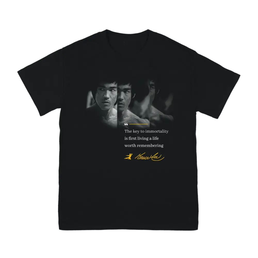 Black Immortality Bruce T-Shirt featuring a Bruce Lee portrait and inspirational quote