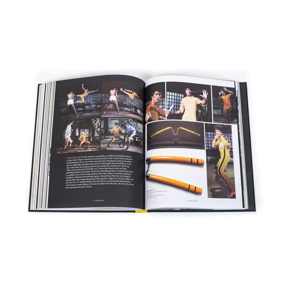 Open book showcasing colorful photographs and text on Bruce Lee and martial arts