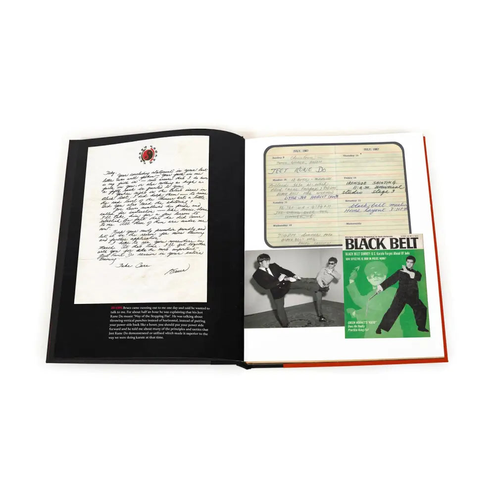 Open scrapbook with memorabilia from Bruce Lee’s martial arts journey in Limited Edition Hardback