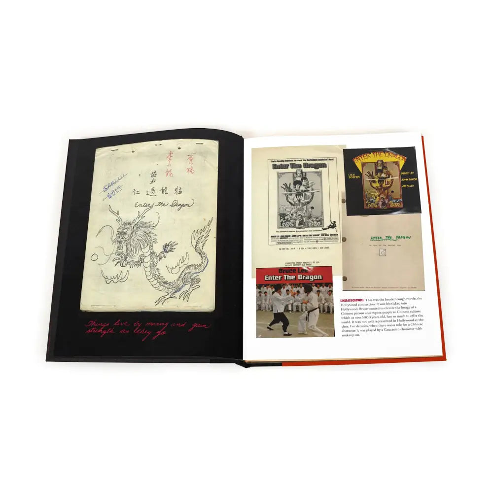 Open book showcasing martial arts memorabilia in Bruce Lee’s limited edition hardback