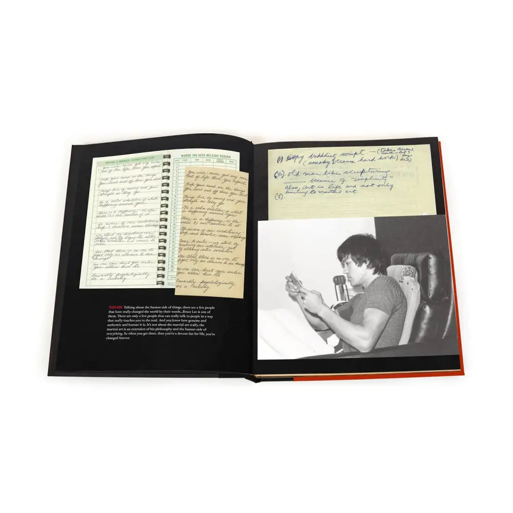 Open scrapbook with notes and a photo from Bruce Lee’s martial arts journey in Hardback