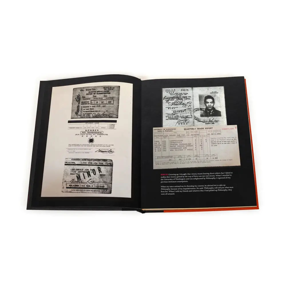 Open book displaying documents from Bruce Lee’s In My Own Process: Limited Edition