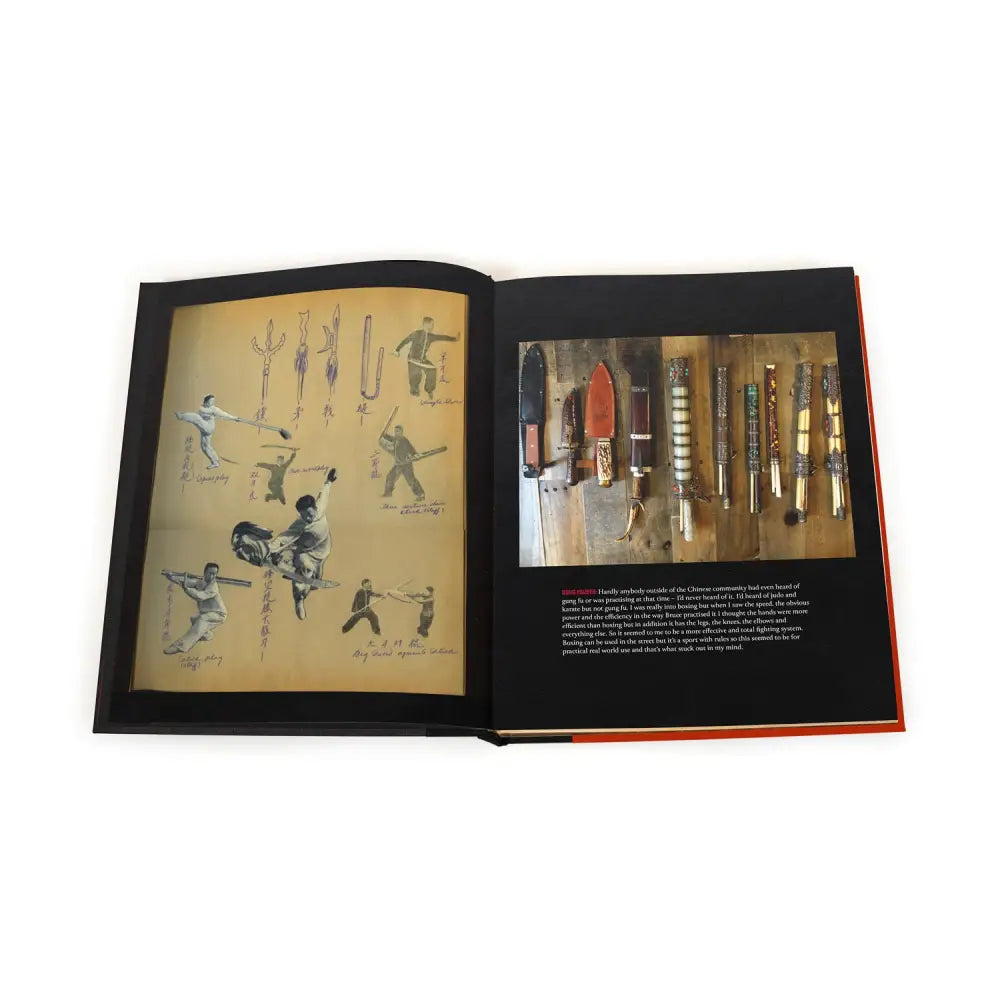 Open book with martial arts illustrations and knife collection from Bruce Lee’s limited edition
