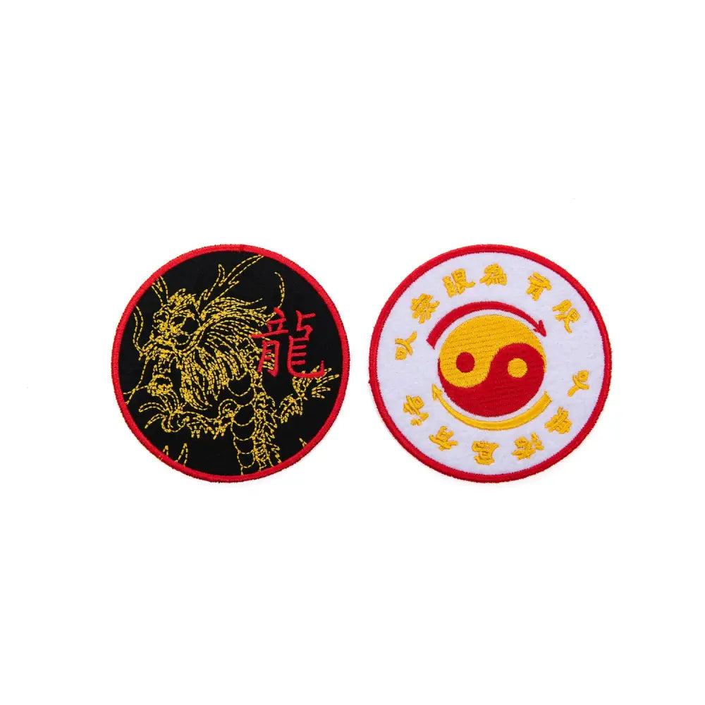 Two embroidered circular patches featuring Bruce Lee’s martial arts design