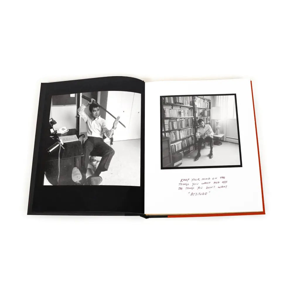 Open book displaying black and white photographs of Bruce Lee’s martial arts journey