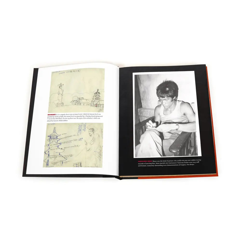Open book with sketches and photo from In My Own Process - Bruce Lee’s martial arts ideas