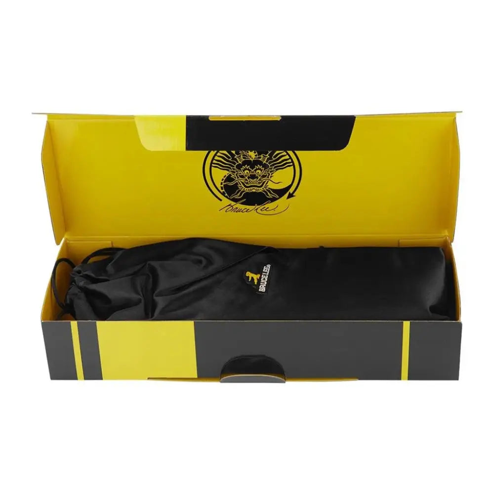 Yellow and black Kung Fu Shoes box featuring a Bruce Lee logo design