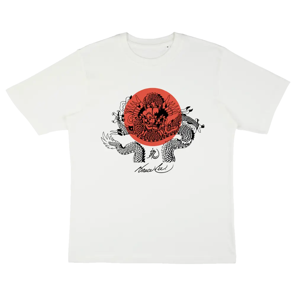 White Loong Dragon Sun T-Shirt featuring a red dragon design and Japanese artwork