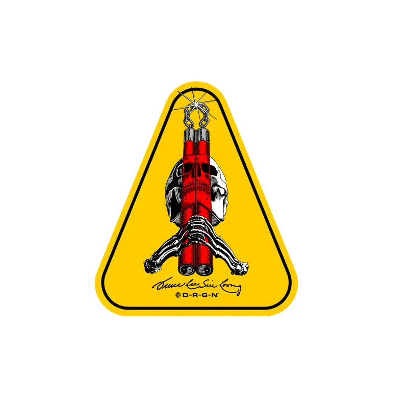 Yellow warning sign with upside-down astronaut in red spacesuit for Powell Peralta sticker