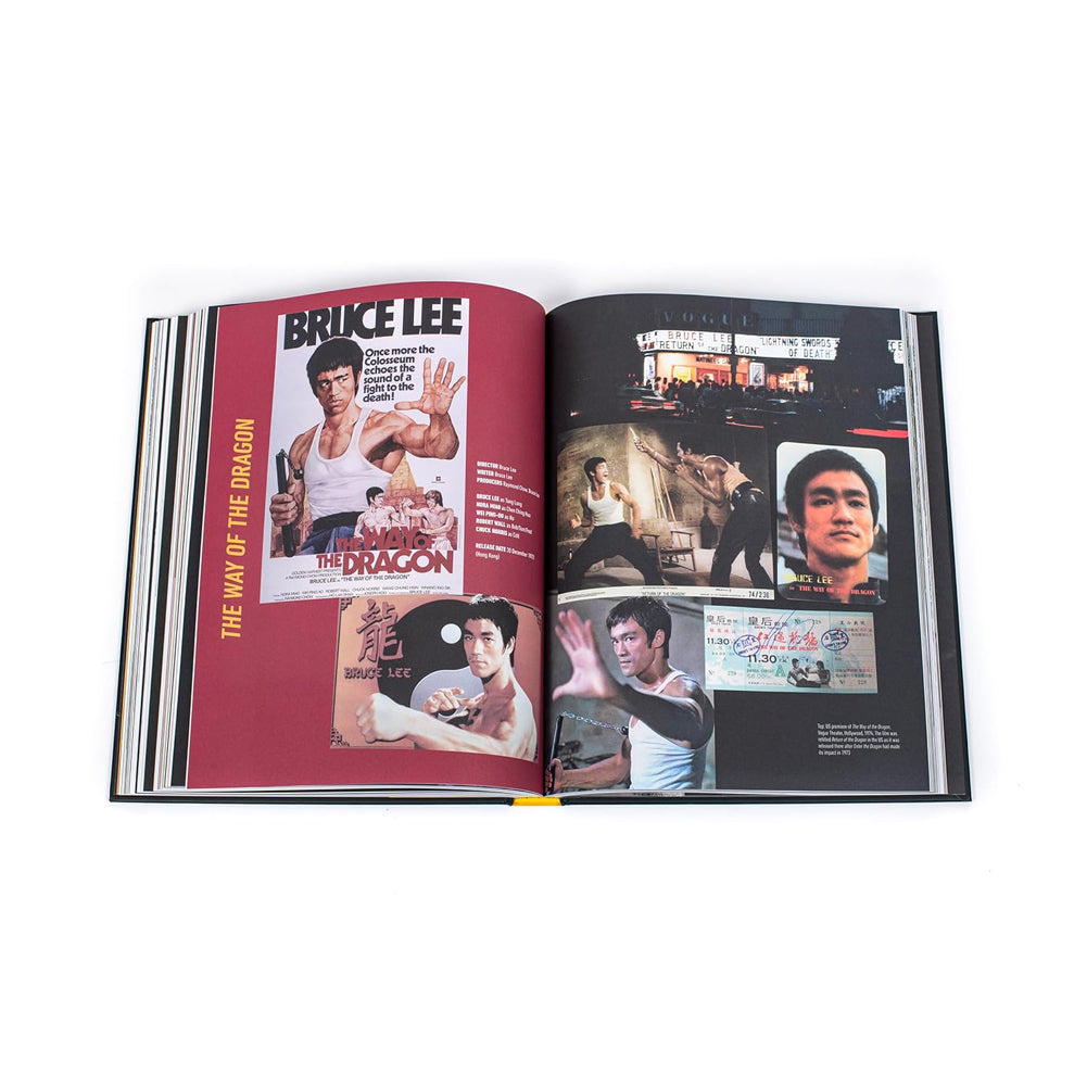 Open book showing movie posters and photos of Bruce Lee, the legendary martial artist