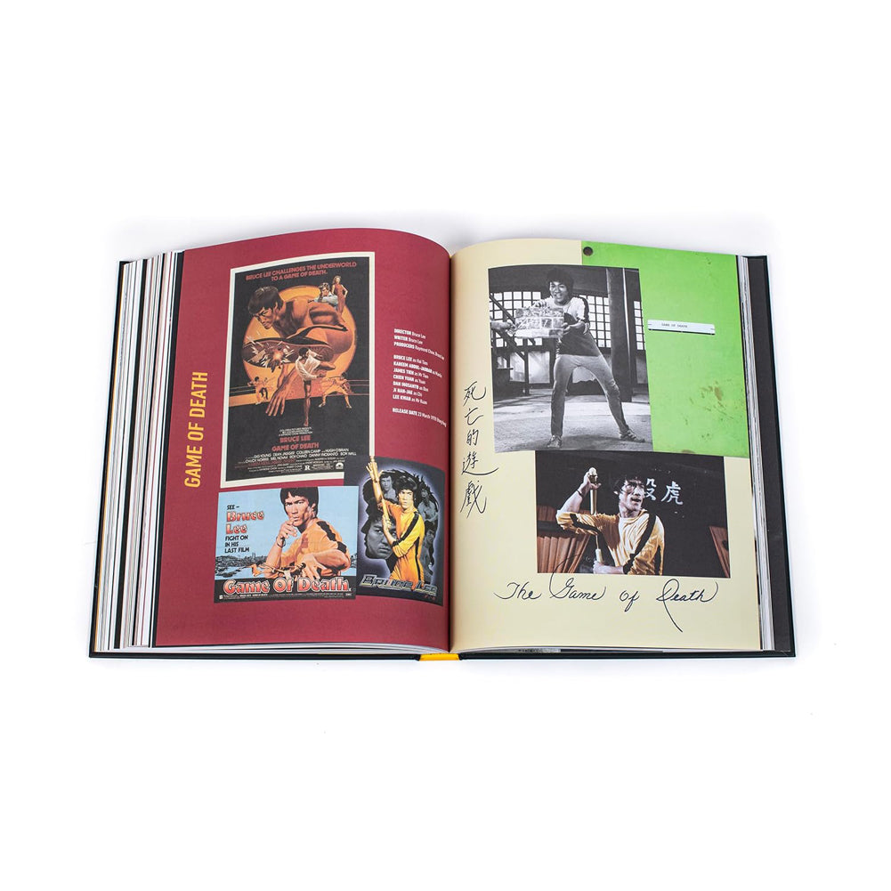 Open book with movie posters and photos celebrating Bruce Lee and martial artists