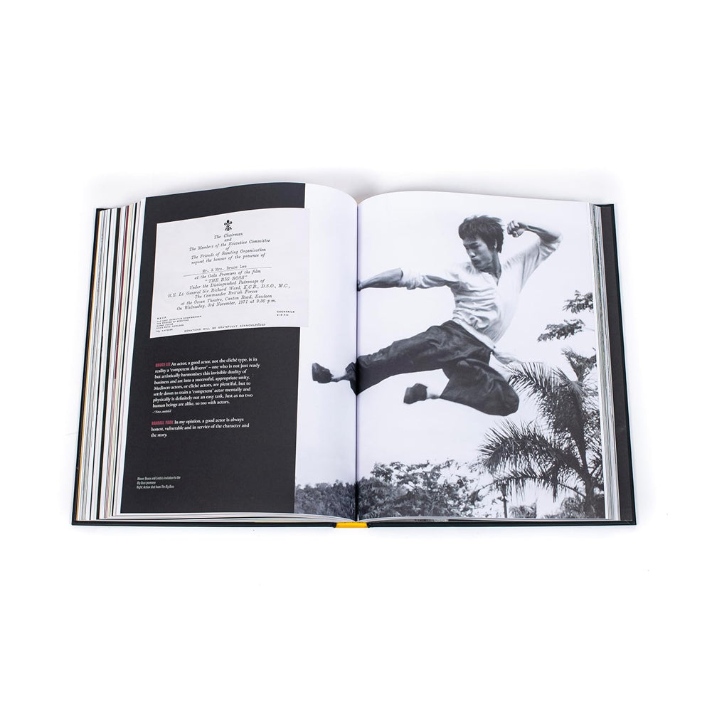 Open book in In My Own Process showing text and Bruce Lee performing a flying kick