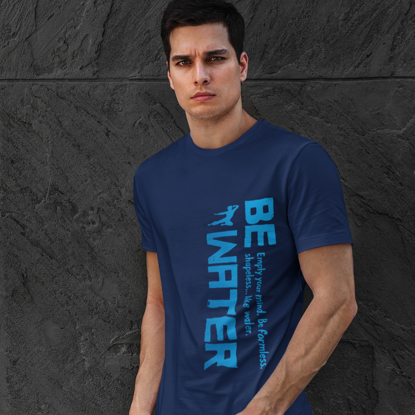 Navy blue t-shirt with BE SMARTER in light blue, inspired by Bruce Lee’s water vertical gradient