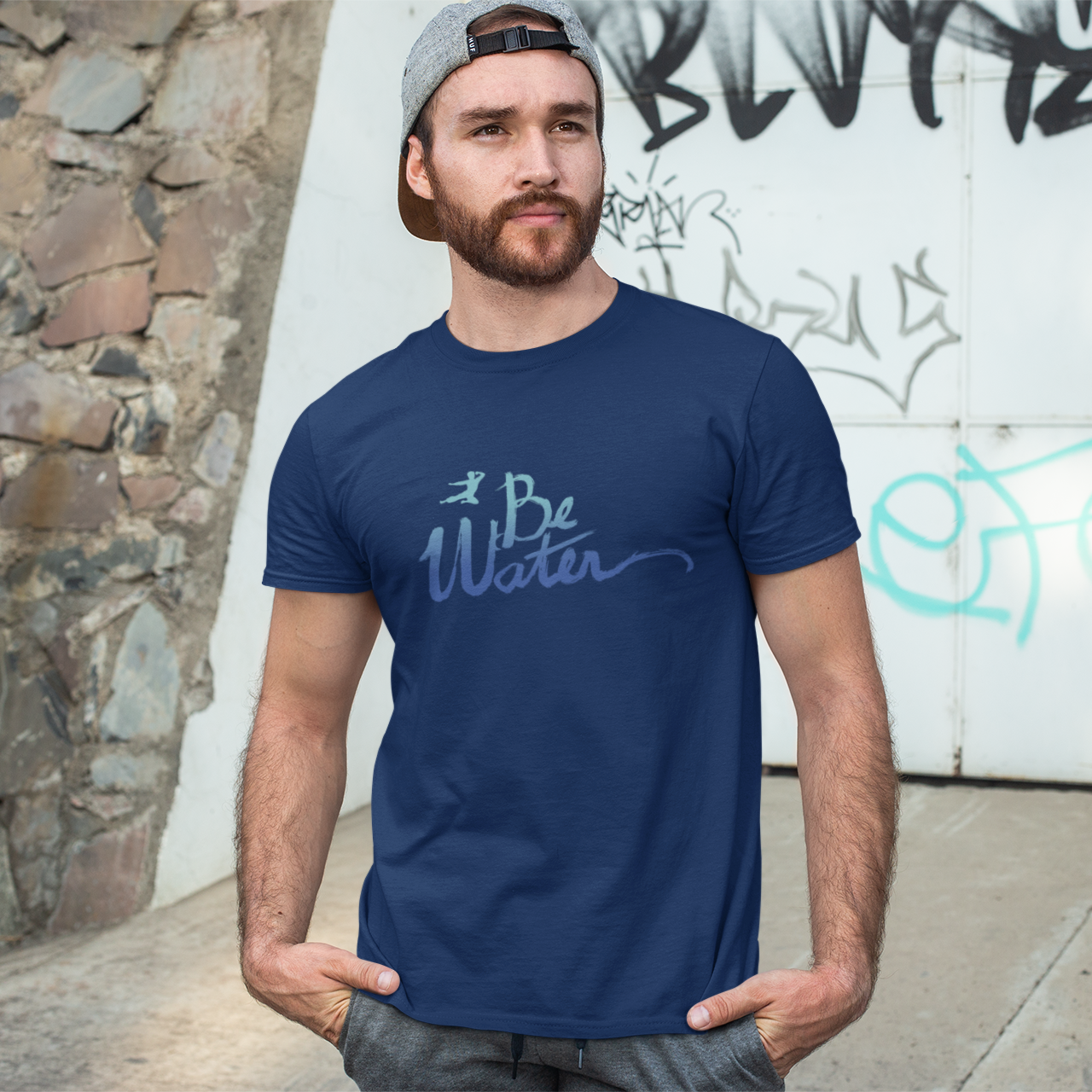 Navy blue Be Water Gradient Script T-Shirt featuring a stylish water gradient design