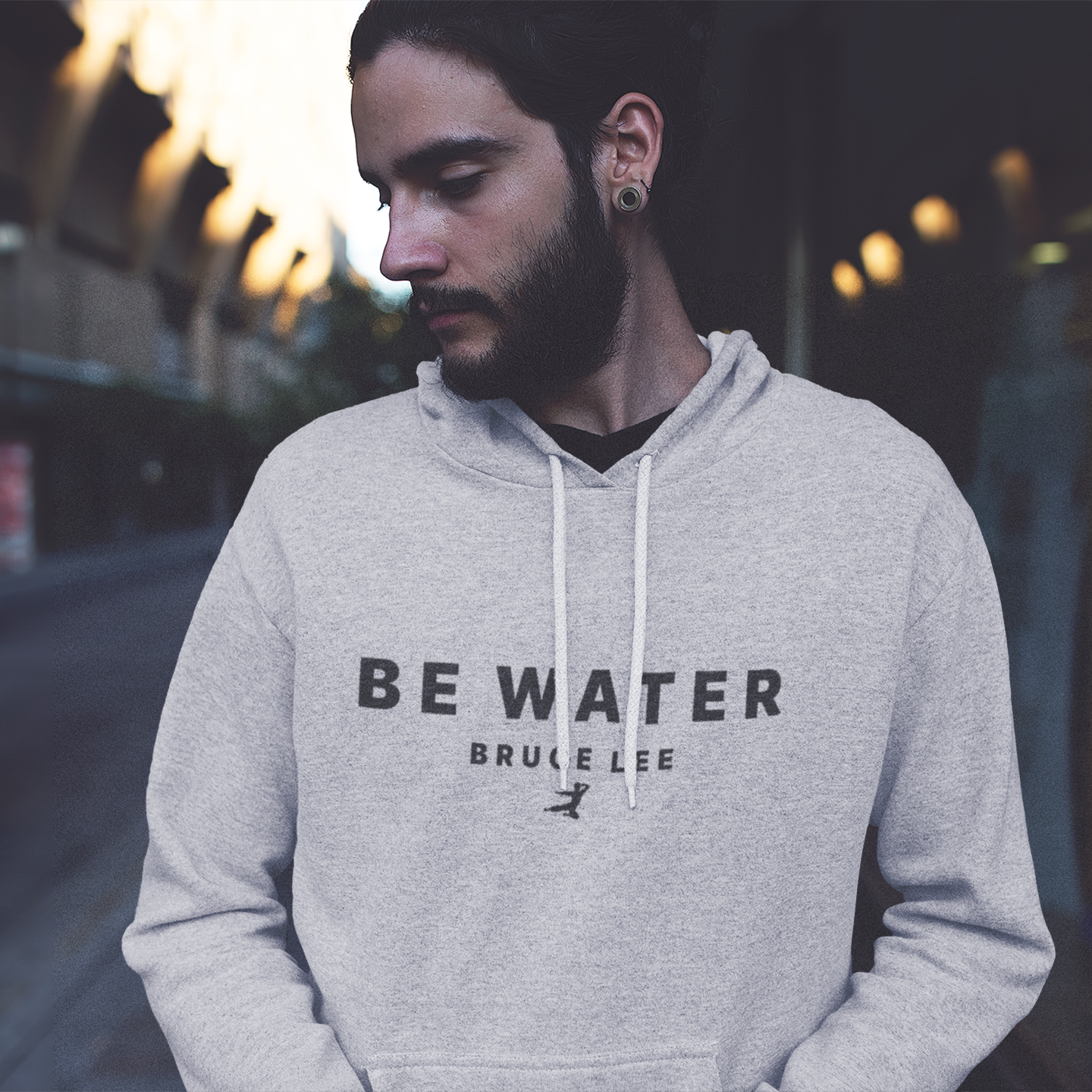 Light gray Water Athletic Hoodie with BE WATER BRUCE LEE print for stylish fitness