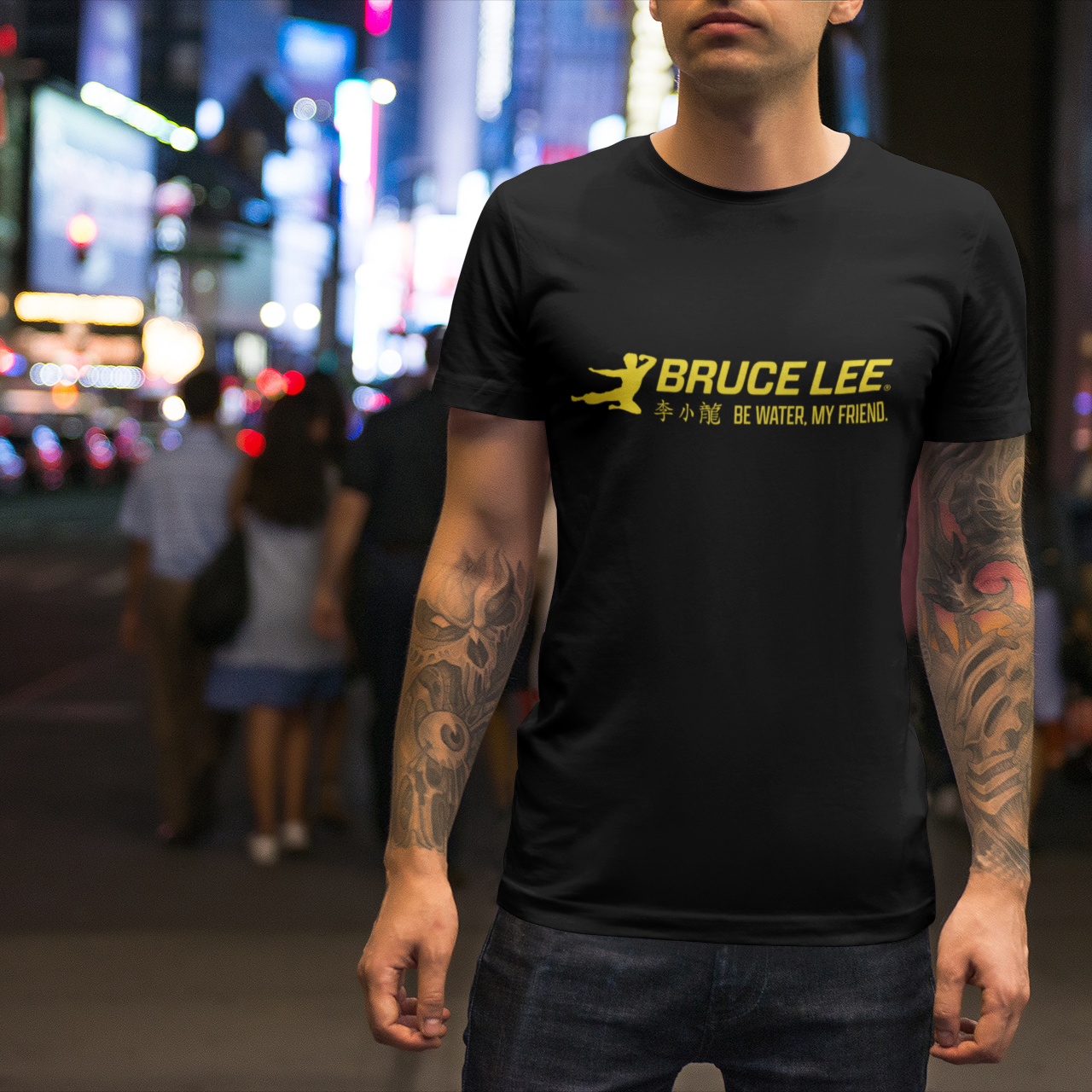 Black organic cotton t-shirt with yellow Bruce Lee friend logo and silhouette design